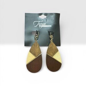 Geometric Mixed-Wood Like Teardrop with Gold Tone Dangle Earrings